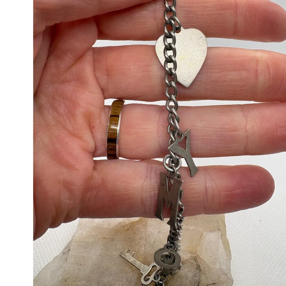 Vintage SKS Sterling Heart TOMY Name Key Charm Bracelet Silver Tone 7 Inch